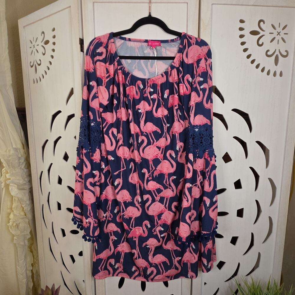 NWT Simply Southern Flamingo Dress Crochet Navy & Pink Bell Sleeves Size M